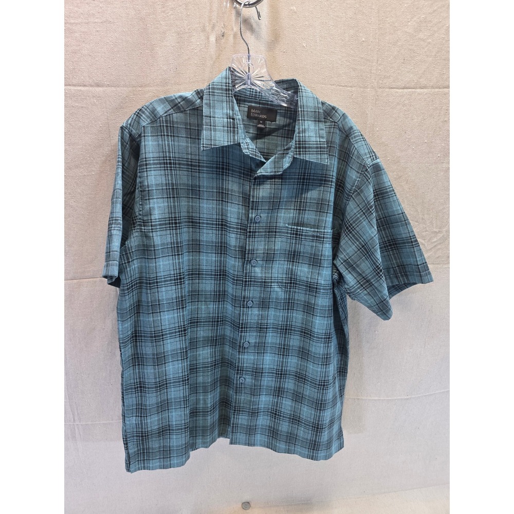 Marc Edwards Mens Teal Blue Black Plaid Short‎ Sleeve Button Down Shirt Size M